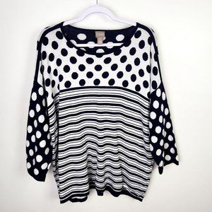 Chico's Navy and White Polka Dot and Striped Sweater Size Large Grandmacore Twee